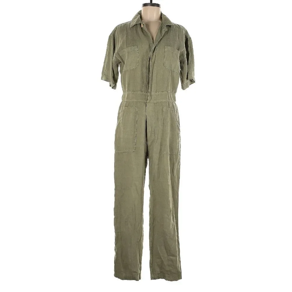 MATE the LABEL Oversized Linen Utility Jumpsuit Short Sleeve Olive Green